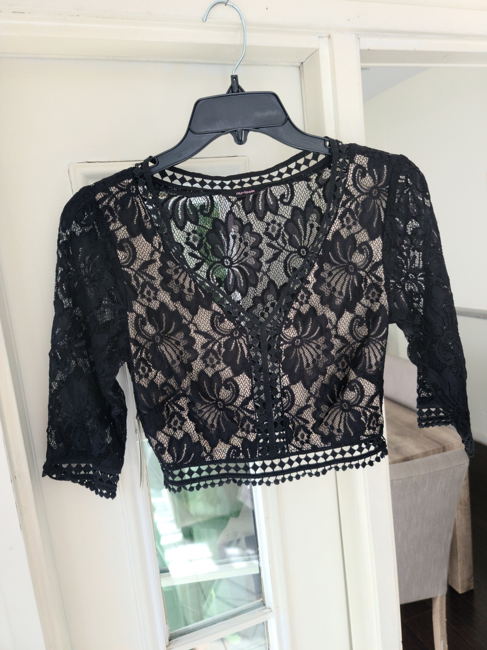 Black Lace V-Neck Cropped Top with Nude Lining